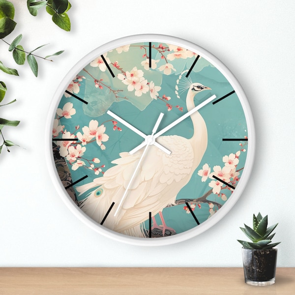 White Peacock Wall Clock Illustrated Plant Clock - WP1-4-CLK