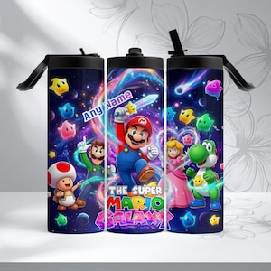 May include: A set of three insulated tumblers featuring a vibrant design from the Super Mario Galaxy game. Each tumbler has a black lid and straw, with a colorful wrap-around print of Mario, Luigi, Princess Peach, Yoshi, and other characters.