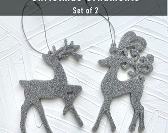 Set of 2 Handcrafted Holographic Silver Glitter Reindeer Ornament: Resin Christmas Decor