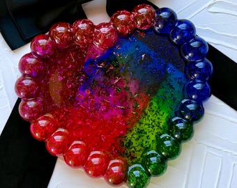 Glitter Rainbow Heart Tray: Handcrafted Resin Jewelry Holder