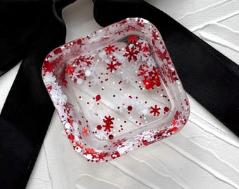 Handcrafted Square Trinket Tray: Candy Sane Snowflake Glitter Resin Vanity Decor