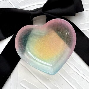 Handcrafted Rainbow Resin Heart Tray: Glitter Jewelry Trinket Dish