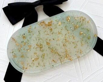 Handcrafted Resin Vanity Tray: Jade Rocks, Gold Flake Oval Desk Decor