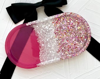 Handcrafted Pink Purple Glitter Resin Tray: Decorative Oval Vanity Tray