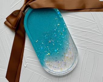 Handcrafted Resin Vanity Tray: Turquoise & Holographic Flake
