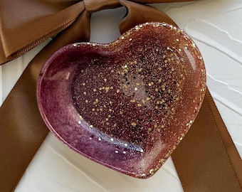 Handcrafted Resin Heart Tray: Chrome Pink and Gold Glitter Jewelry Trinket Dish