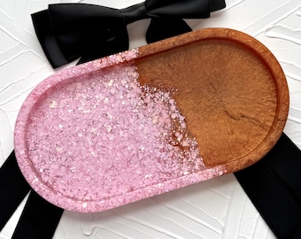 Handcrafted Decorative Vanity Tray, Pink and Bronze Chunky Glitter Resin Jewelry Holder