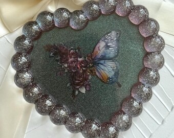 Handcrafted Resin Vanity Tray: Green Butterfly Glitter Heart Design