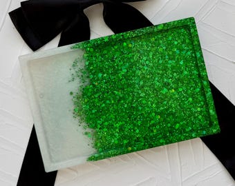 Handcrafted Emerald Green Sequin Resin Tray: Decorative Vanity Tray