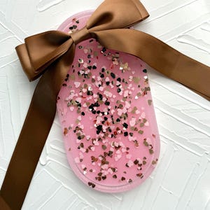 Handcrafted Decorative Vanity Tray, Pink and Gold Heart Oval Tray, Resin Jewelry Trinket Tray