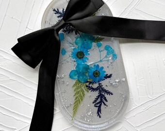 Handcrafted Resin Vanity Tray: Silver Leaf, Blue Pressed Flowers