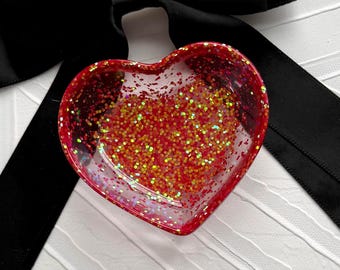 Handcrafted Heart Shaped Resin Tray: Red Green shift Glitter Vanity Decor