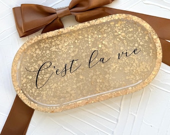 Handcrafted Glitter Resin Oval Tray, Vanity Jewelry Trinket Dish, C’est la Vie