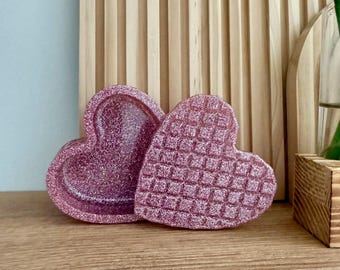 Handcrafted Resin Heart Shaped Jar with Lid: Pink Glitter Trinket Dish