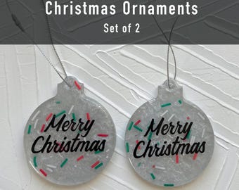 Set of 2 Handcrafted Sprinkles and Silver Glitter Round Ornament: Resin Christmas Decor