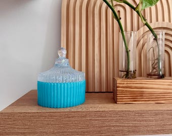 Handcrafted Decorative Jar with Lid, Turquoise with Iridescent Glitter Resin Jewelry Holder, Vanity Dish