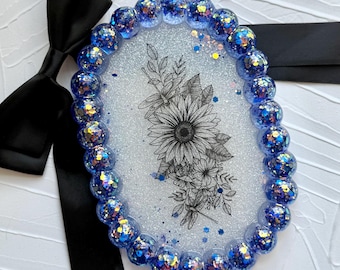 Handcrafted Resin Vanity Tray: Blue Glitter Flower Oval Trinket Dish