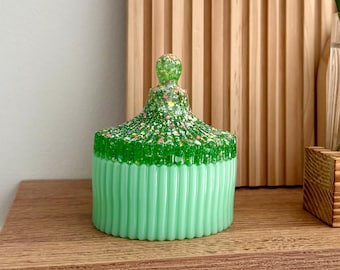 Handcrafted Decorative Jar with Lid, Lime Green with Glitter Resin Jewelry Holder
