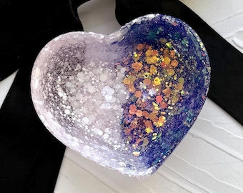 Handcrafted White and Holographic Blue Glitter Heart Tray - Resin Trinket Dish