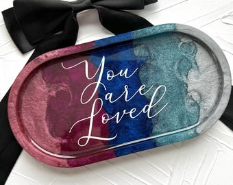 You are Loved Blue Glitter Resin Tray: Handcrafted Decorative Vanity Tray