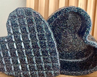 Handcrafted Resin Heart Shaped Jar with Lid: Holographic Silver Glitter Trinket Dish