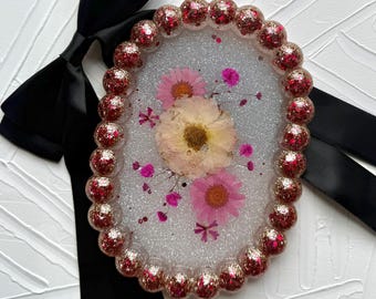 Handcrafted Resin Vanity Tray: Pink Pressed Flowers, Boho Decor