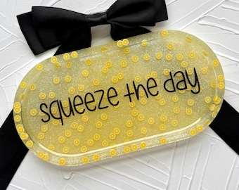 Squeeze The Day Lemon Glitter Resin Tray: Handcrafted Decorative Vanity Tray