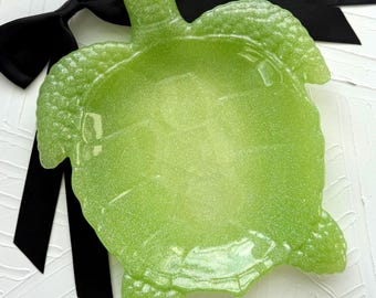 Handcrafted Sea Turtle Resin Tray: Lime Green Glitter Beach Decor