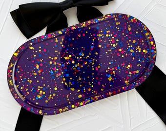 Handcrafted Rainbow Glitter on Purple Tray: Jewelry Trinket Dish