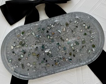 Handcrafted Resin Vanity Tray: Silver Beach Rocks Decorative Tray