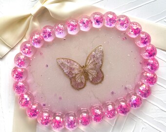 Handcrafted Resin Vanity Tray: Pink Glitter Butterfly Boho Decor