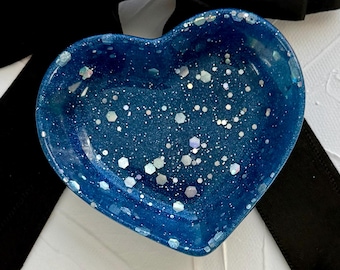Handcrafted Resin Heart Tray: Holographic Blue and Silver Jewelry Trinket Dish