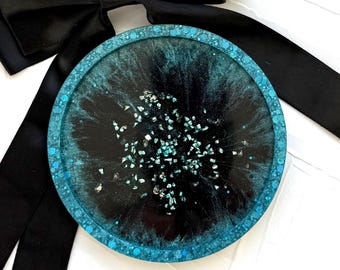 Handcrafted Resin Vanity Tray: Black & Teal Circle Coaster