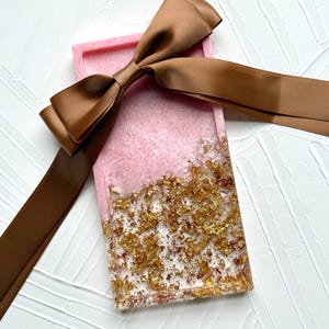 Handcrafted Decorative Vanity Tray, Pink with Gold Leaf Rectangle Tray, Resin Jewelry Trinket Tray