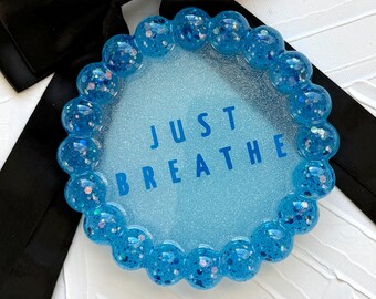 Handcrafted Resin Vanity Tray: Blue Glitter Circle Design, Just Breathe
