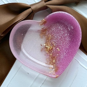 Handcrafted Decorative Vanity Tray, Pink and Gold Confetti Heart Shaped Tray, Resin Jewelry Trinket Tray, Ring Dish, Gift Tray