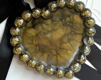 Handcrafted Black & Gold Glitter Heart Tray: Resin Jewelry Trinket Coaster