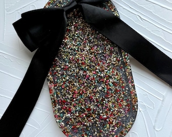 Handcrafted Resin Vanity Tray: Chunky Glitter Rocks, Black Oval Desk Decor