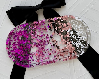 Handcrafted Pink Purple Silver Heart Resin Tray: Decorative Oval Vanity Tray