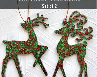 Set of 2 Handcrafted Red and Green Glitter Reindeer Ornament: Resin Christmas Decor