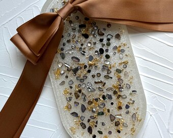 Handcrafted Black Resin Vanity Tray: Gold Flakes Oval Trinket Dish
