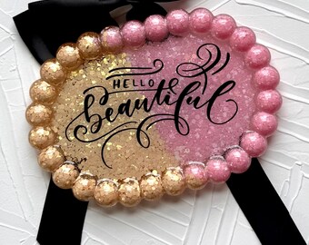 Handcrafted Pink & Champagne Resin Vanity Tray, Jewelry Trinket Tray, Hello Beautiful