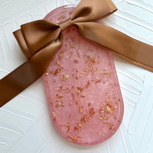 Handcrafted Decorative Vanity Tray, Gold Leaf Coral Pink Oval Tray, Resin Jewelry Trinket Tray