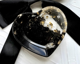 Handcrafted Resin Heart Tray: Black and Gold Leaf Vanity Decor