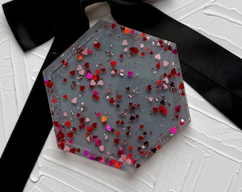 Handcrafted Resin Trinket Tray: Heart Holographic on Gray Vanity Decor