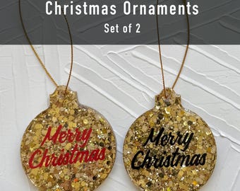 Set of 2 Handcrafted Red and Gold Glitter Round Ornament: Resin Christmas Decor