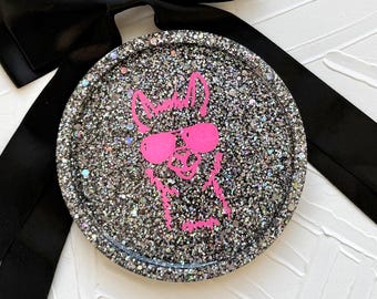 Handcrafted Resin Vanity Tray: Holographic and Neon Pink Glitter Llama Circle Coaster