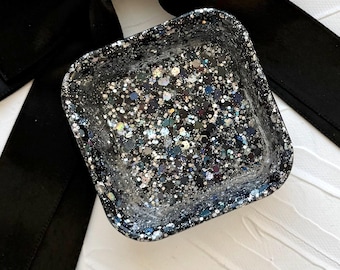 Handcrafted Square Trinket Tray: Holographic Black and Silver Resin Vanity Decor
