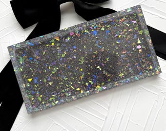 Handcrafted Resin Vanity Tray: Iridescent on Silver