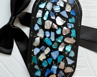 Handcrafted Resin Vanity Tray: Blue Seaglass Rocks, Ocean Theme